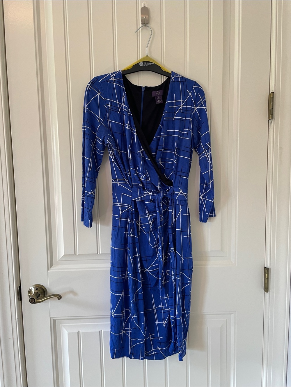 NYDJ Royal Blue Abstract Wrap Dress with White Line Print